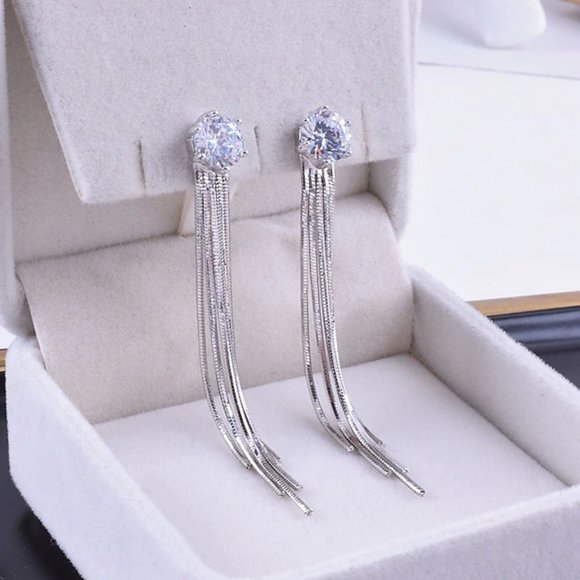 14k Gold 2ct. c.t. Lab Diamonds Long Chain Earrings Sterling Silver - Picture 5 of 11